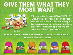 Subway muppets bag 300x227 FREE Muppets Backpack Bag With Subway Fresh Fit For Kids Meal!