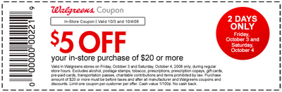$5 off $20 Purchase at Walgreens Coupon Good 10/3-10/4 $5 off $20 Purchase at Walgreens Coupon Good 10/3-10/4