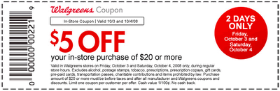 $5 off $20 Purchase at Walgreens Coupon Good 10/3-10/4