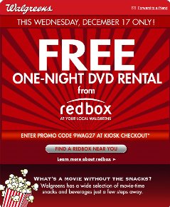 FREE Redbox Rental 12/17 at Walgreens