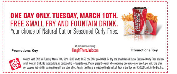 Free Small Fries and Drink from Jack in the Box 3/10 Only