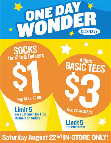 Old Navy: $3 Adult Tees and $1 Socks Old Navy: $3 Adult Tees and $1 Socks