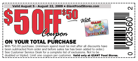Giant: $5 off $50 Coupon