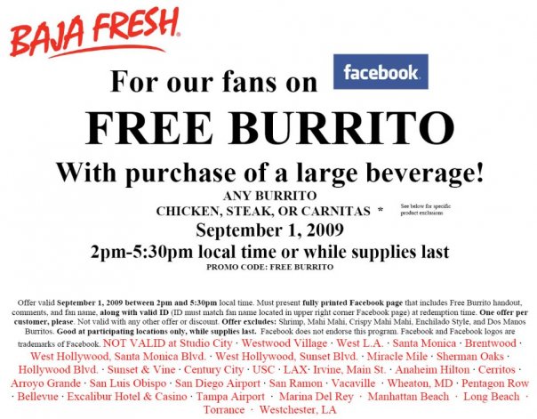Free Burrito at Baja Fresh 9/1 ONLY