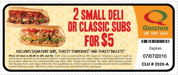 Quiznos: Two Subs for $5