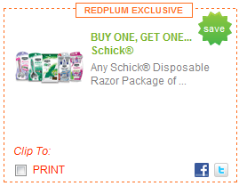 Hot Schick Razor Coupon: Buy One Get One Free (Up to $12.99!)