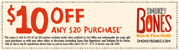 $10 off $20 at Smokey Bones + More Restaurant Deals