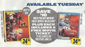 Buy Cars and Incredibles on Blu-Ray and get 2 free movie tickets to see Cars 2