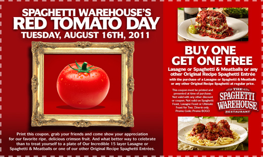 Spaghetti Warehouse: B1G1 Free offer (August 16th only)