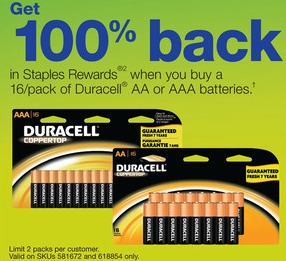 Free Duracell Batteries after Staples Rewards