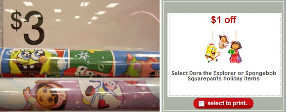 Target: Dora or Spongebob Wrapping Paper for $1 per roll