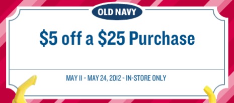 Old Navy Coupon for $5 off $25 Purchase