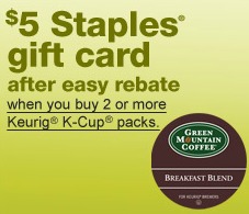 Staples: $5 Staples Gift Card with K Cups Purchase (Get as much as $10 off two boxes!)