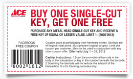 Ace Hardware: Buy One Single Cut Key Get One Free Coupon