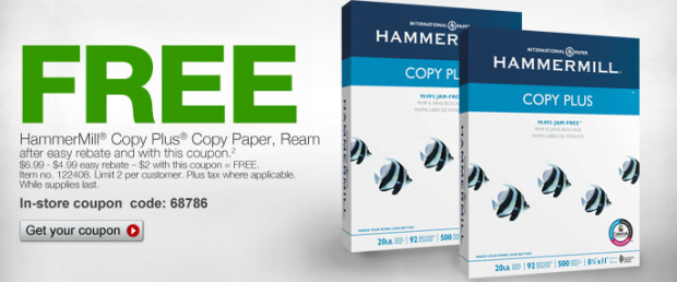 Staples: FREE HammerMill Copy Paper Plus With New Store Coupon and Easy Rebate