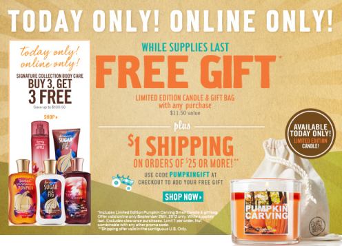Bath & Body Works: FREE Gift + $1 Shipping with Code (Today Only)