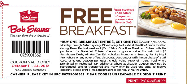 Bob Evans Buy One Get One Free Breakfast Coupon