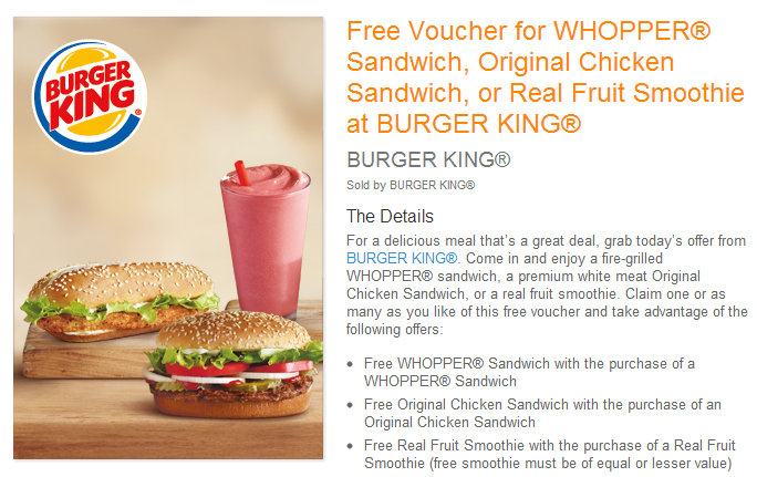 Amazon Local: Burger King BOGO Whopper, Chicken Sandwich, or Real Fruit Smoothie