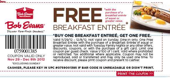 Bob Evans Buy One Get One Free Breakfast Coupon