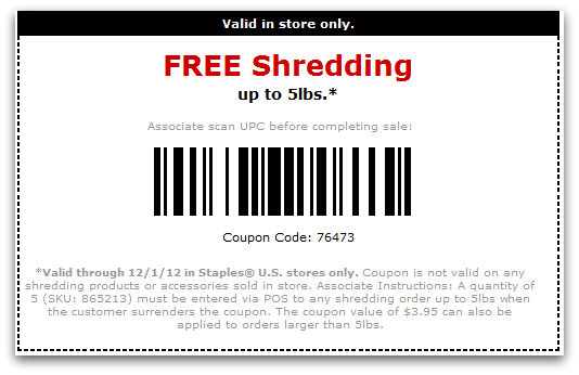 Staples: FREE Shredding up to 5 pounds Printable Coupon