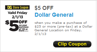 Dollar General: $5 Off $25 Purchase Coupon (Valid 2/1 Only)