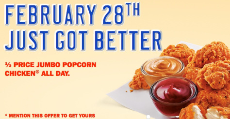 Sonic: Half Price Jumbo Popcorn Chicken All Day (2/28 Only)