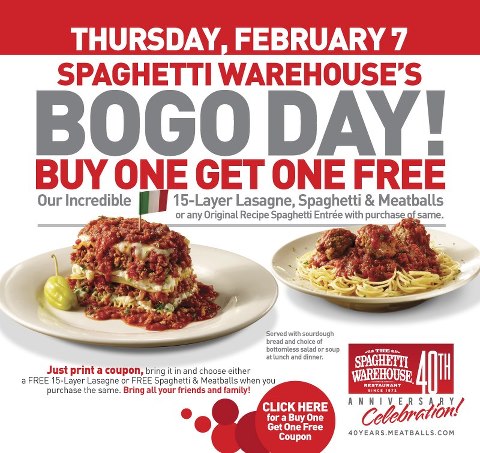 Spaghetti Warehouse| Buy One Get One Free Entree Coupon (2/7 Only)