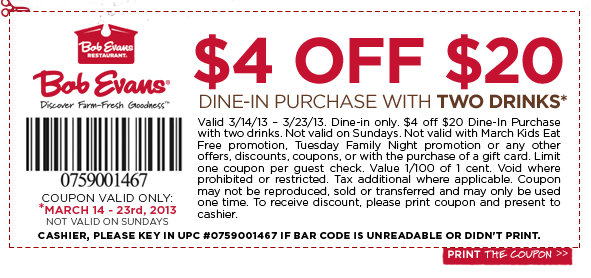 Bob Evans $4 Off $20 Purchase Printable Coupon