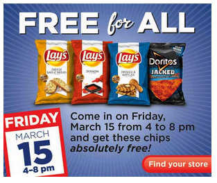 Kroger and Affiliate Stores: FREE Bag of Lays or Doritos Chips (3/15 at 4-8pm)