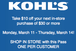 Kohls: $10 off $30 or more in-store Purchase Printable Coupon