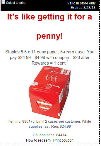 Staples Multipurpose Paper 5 Ream Case for a Penny and FREE Staples Photo Plus Paper