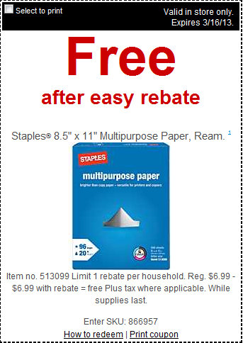 FREE Staples Multipurpose After Coupon and Easy Rebate