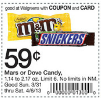 Two Snickers Chocolate Bars for 59 cents at Walgreens