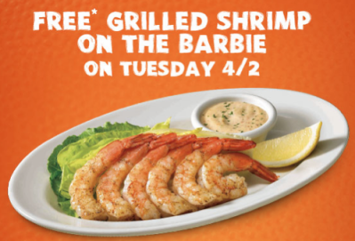 FREE Grilled Shrimp with any purchase at Outback Steakhouse on 4/2 (Today Only)