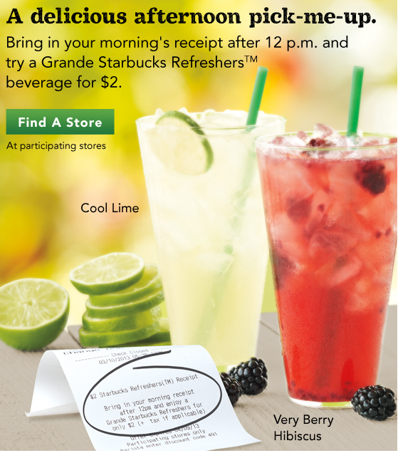 Starbucks: Afternoon Pick Me Up $2 Grande Refreshers with Morning Receipt