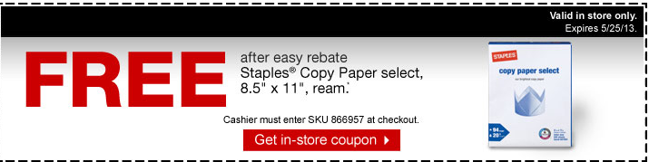 FREE Staples Copy Paper Select Ream after Easy Rebate