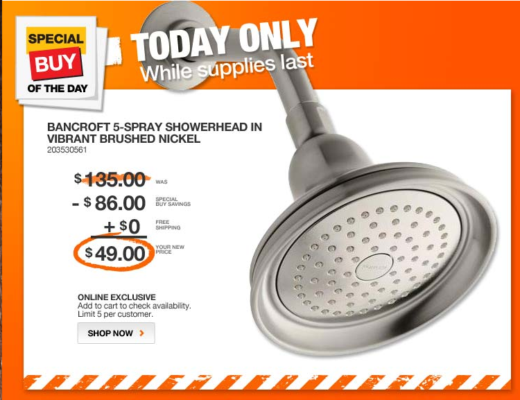 Bancroft 5-Spray Showerhead in Vibrant Brushed Nickel for $49 Shipped