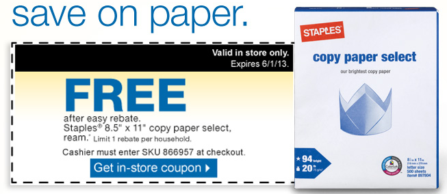 FREE Staples Copy Paper Select Ream after Easy Rebate