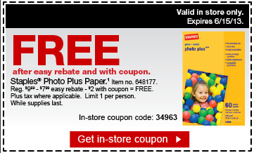 FREE Staples Photo Plus Paper + 10% Off Any Item Coupon