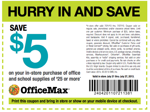 Office Max $5 off Purchase Printable Coupon