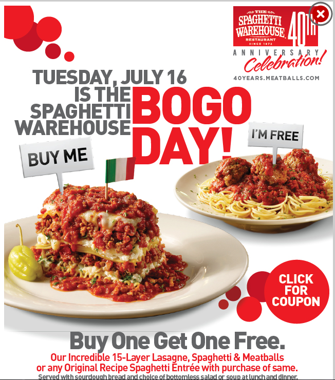 Spaghetti Warehouse| Buy One Get One Free Entree Coupon (7/16 Only)