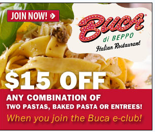 Buca di Beppo $15 Off Two Entrees Coupon