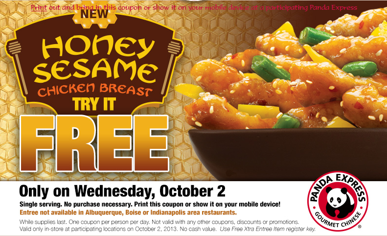 Panda Express: FREE Honey Sesame Chicken Breast Single Serving on 10/2