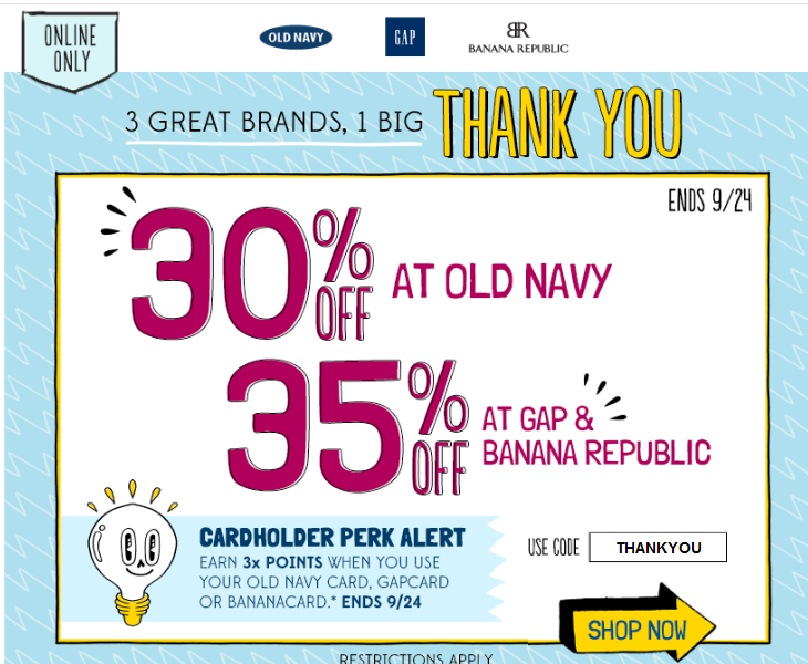 Old Navy 30% Off + Gap and Banana Republic 35% Off With Promo Code