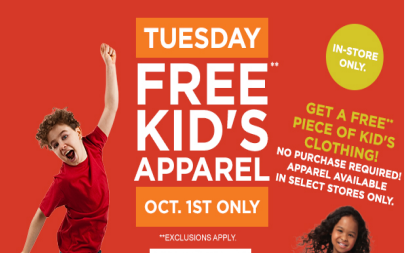 Sears Outlet: FREE Kid’s Apparel 10/1 Only