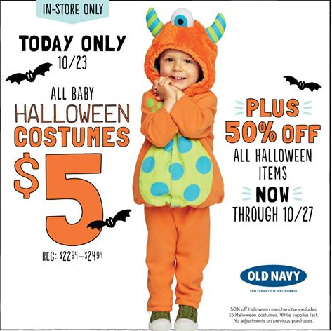 Old Navy $5 Baby Halloween Costume Sale (In-Store Only) + Extra 20% Off Sale Items (Online Only)