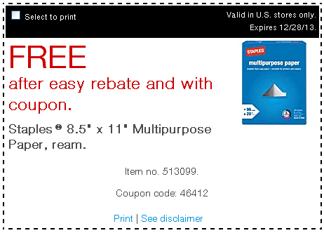 FREE Staples® 8.5″ x 11″ Multipurpose Paper Ream With Rebate Coupon