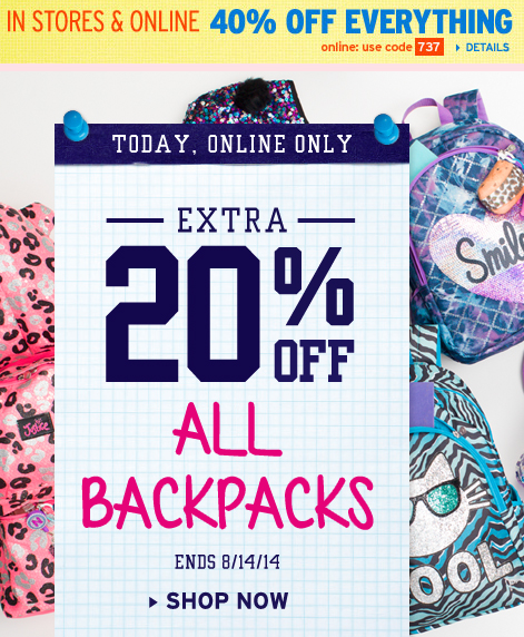 NICE Justice Sale: 40% Off Everything + 30% Off Clearance and 20% off Backpacks!