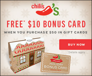 FREE $10 Chili’s Gift Card With $50 Gift Card Purchase!