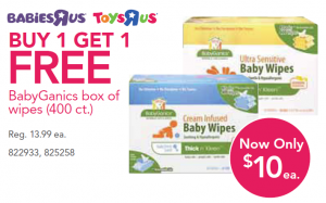 Babies R Us:  Two Big Boxes of BabyGanics Baby Wipes for $10